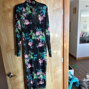 AFRM Sheer Mesh Black Floral Midi Dress